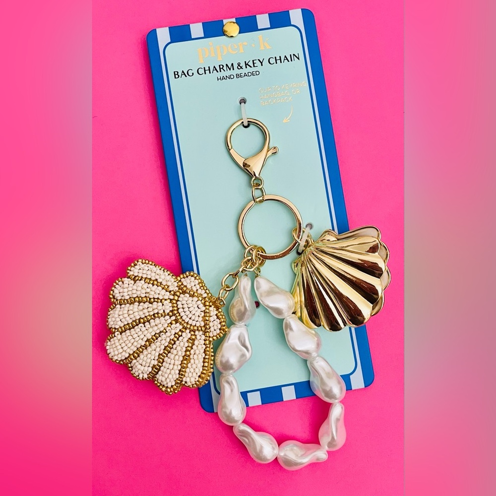Piper K Gold and Pearl Shells Bag Charm Keychain Seashell Pearls